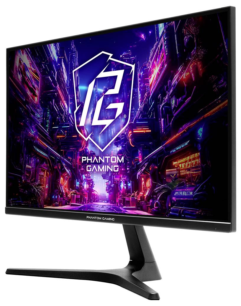 Monitor PHANTOM GAMING zobrazuje neonový kyberpunkový městský krajina s velkým stylizovaným logem a textem "PHANTOM GAMING".