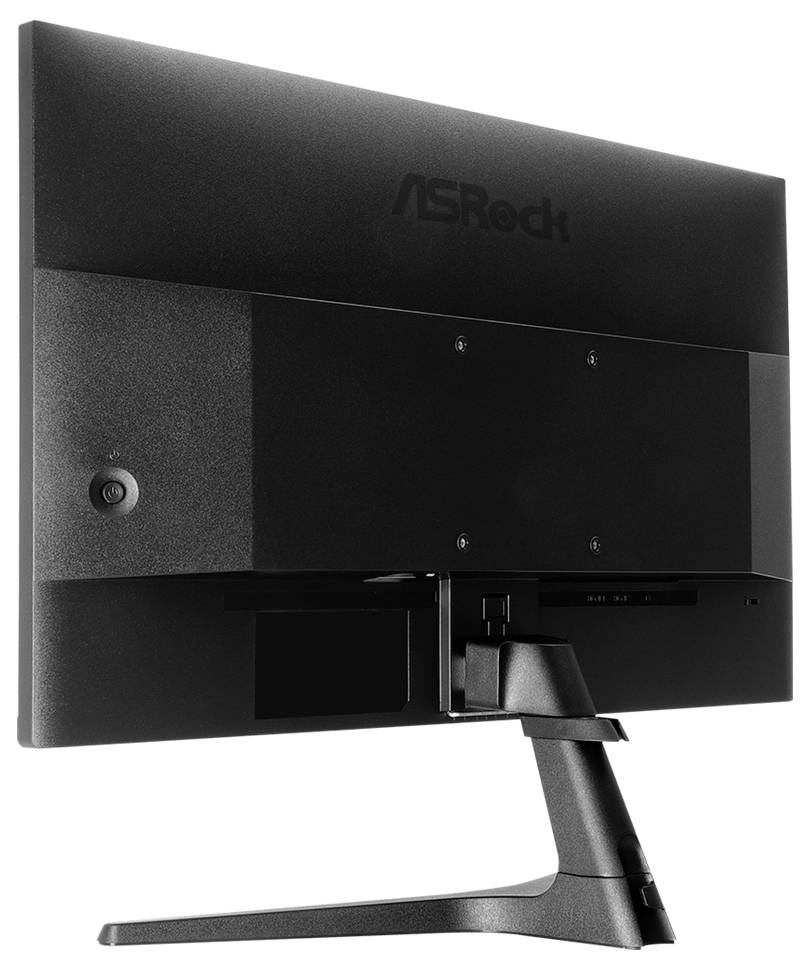 Zadní pohled na monitor ASRock na podstavci, ukazující zadní panel a oblast kabelů na bílém pozadí.