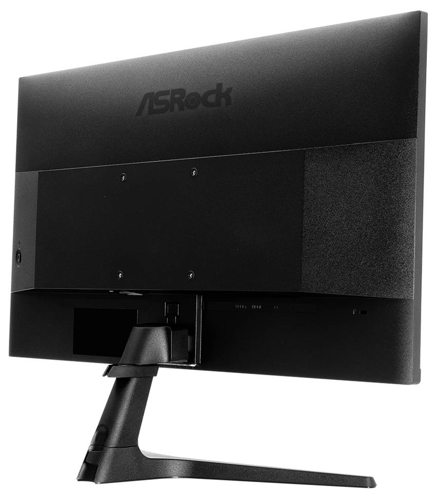 Zadní pohled na monitor ASRock na stojanu, který ukazuje zadní panel a namontovanou základnu na bílém pozadí.