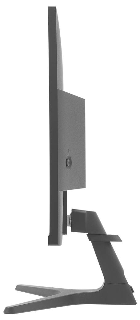 Boční pohled na monitor s plochou obrazovkou na nastavitelném stolním stojanu se zakřivenou základnou.