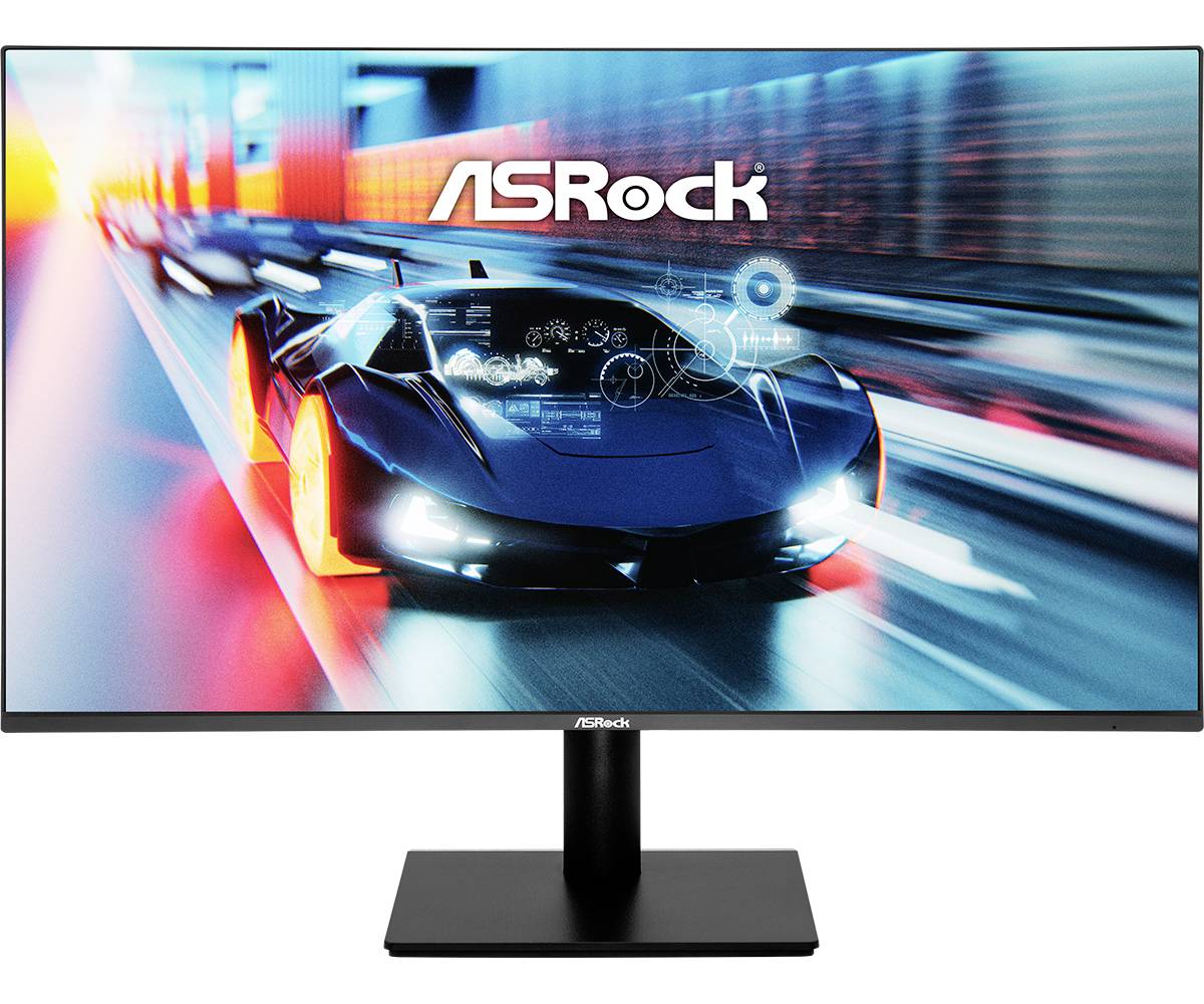 ASRock monitor zobrazující futuristickou scénu závodního sportu s autem jedoucím vysokou rychlostí, efekty pohybových stop a digitálními překryvnými grafikami.