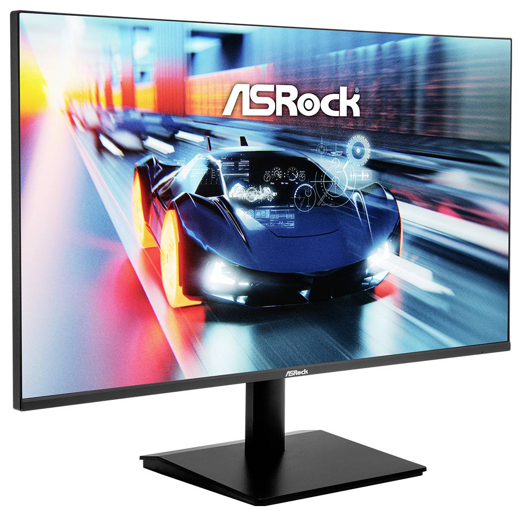 ASRock monitor zobrazující futuristickou scénu závodního speciálu s efektem pohybu a jasných neonových barvách.