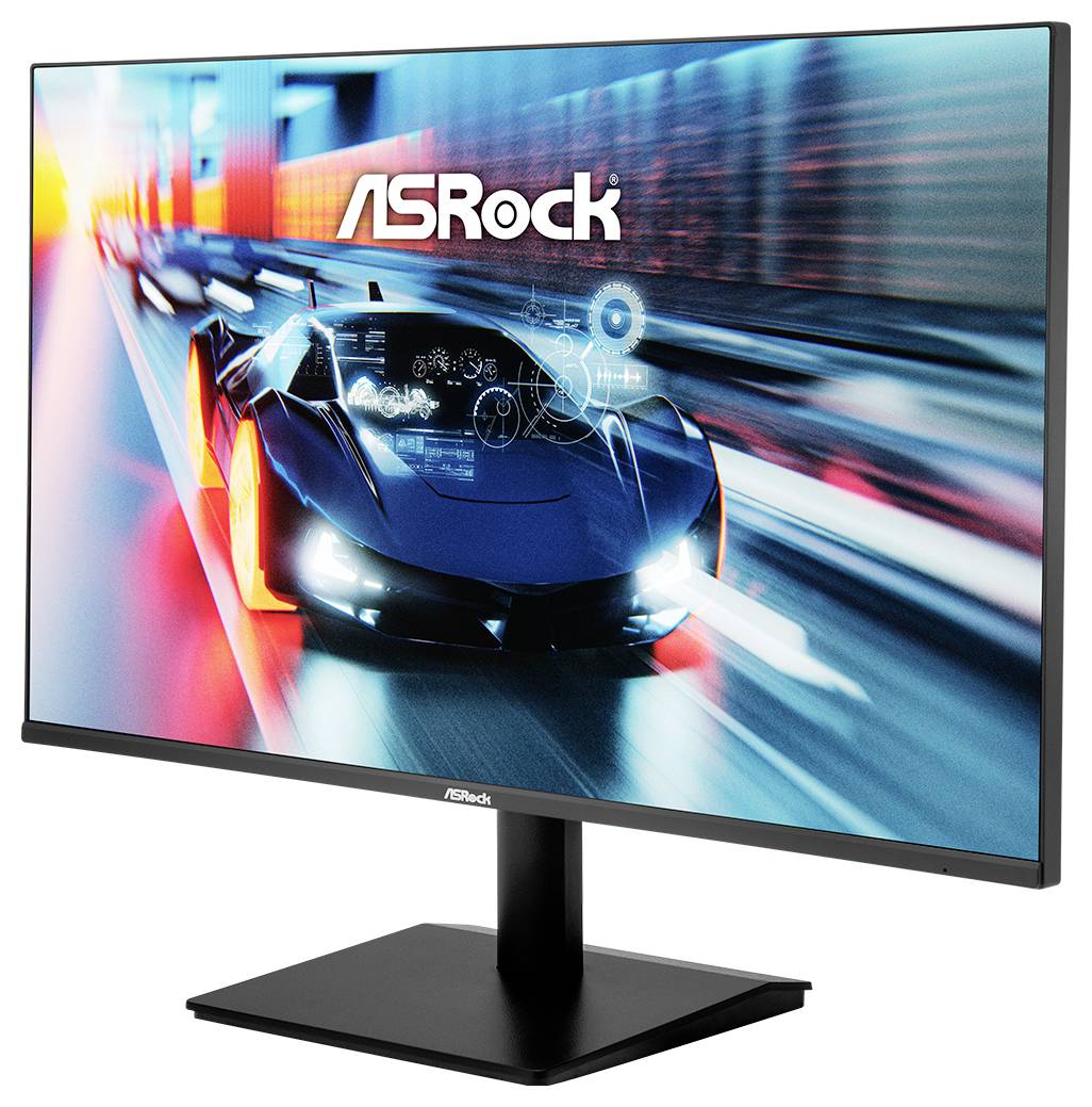 Monitor počítače ASRock zobrazující futuristické černé sportovní auto závodící skrz neonově osvětlené město se znakem ASRock na vrcholu.