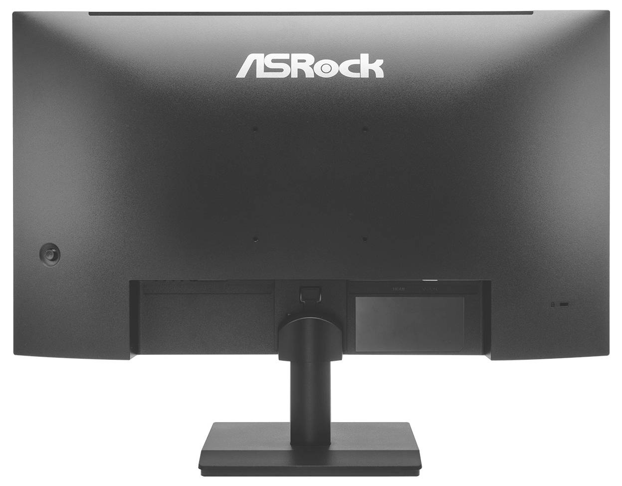 Zadní pohled na počítačový monitor ASRock na stojanu, zobrazující logo značky a oblast zadních portů.