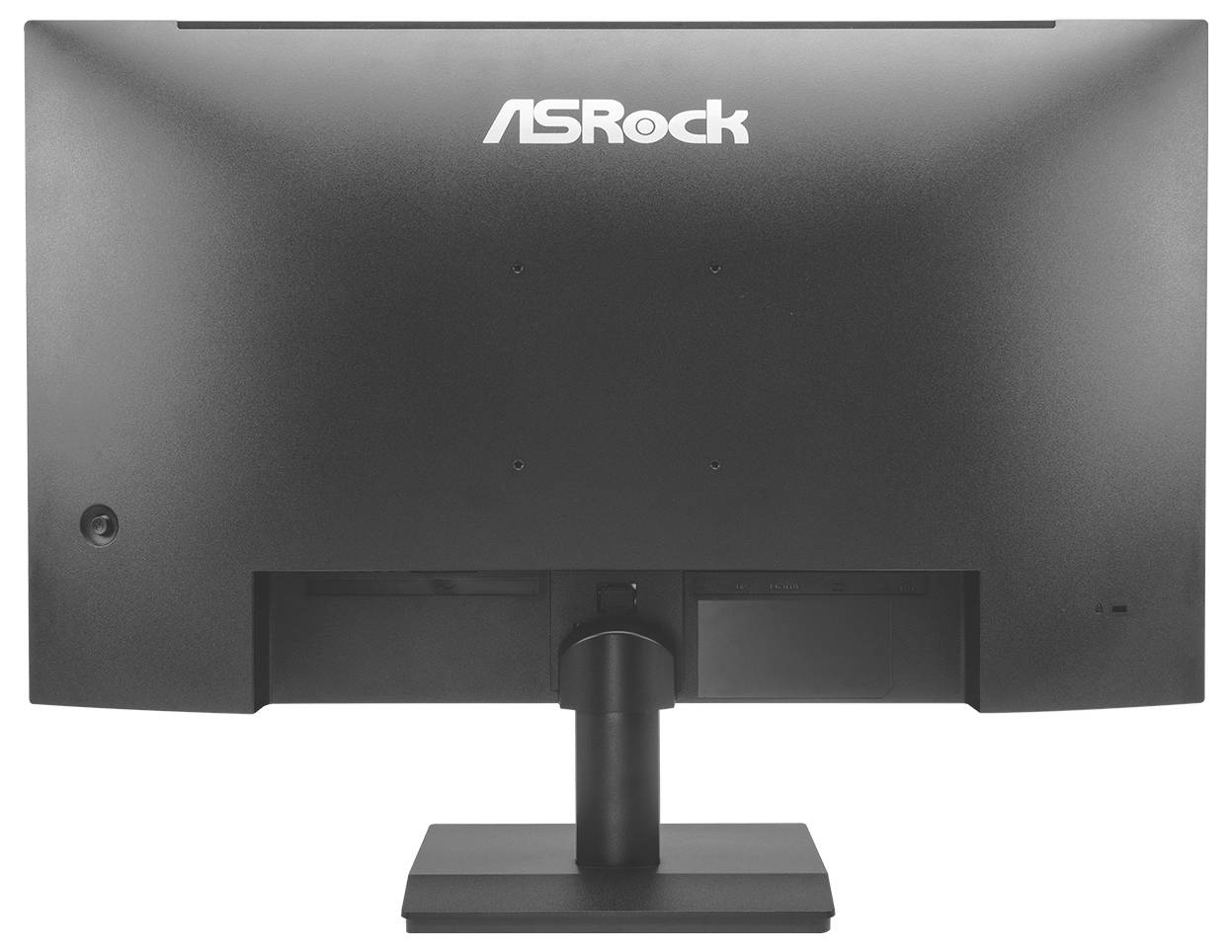 Zadní pohled na monitor ASRock na stojanu, zobrazující zadní panel a centrální podpůrný sloupek.