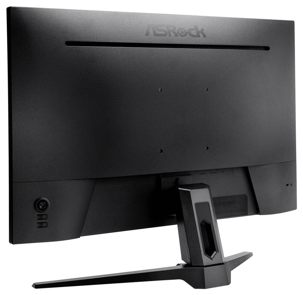 Zadní pohled na počítačový monitor ASRock s centrálním stojanem a drážkou pro vedení kabelů na bílém pozadí.