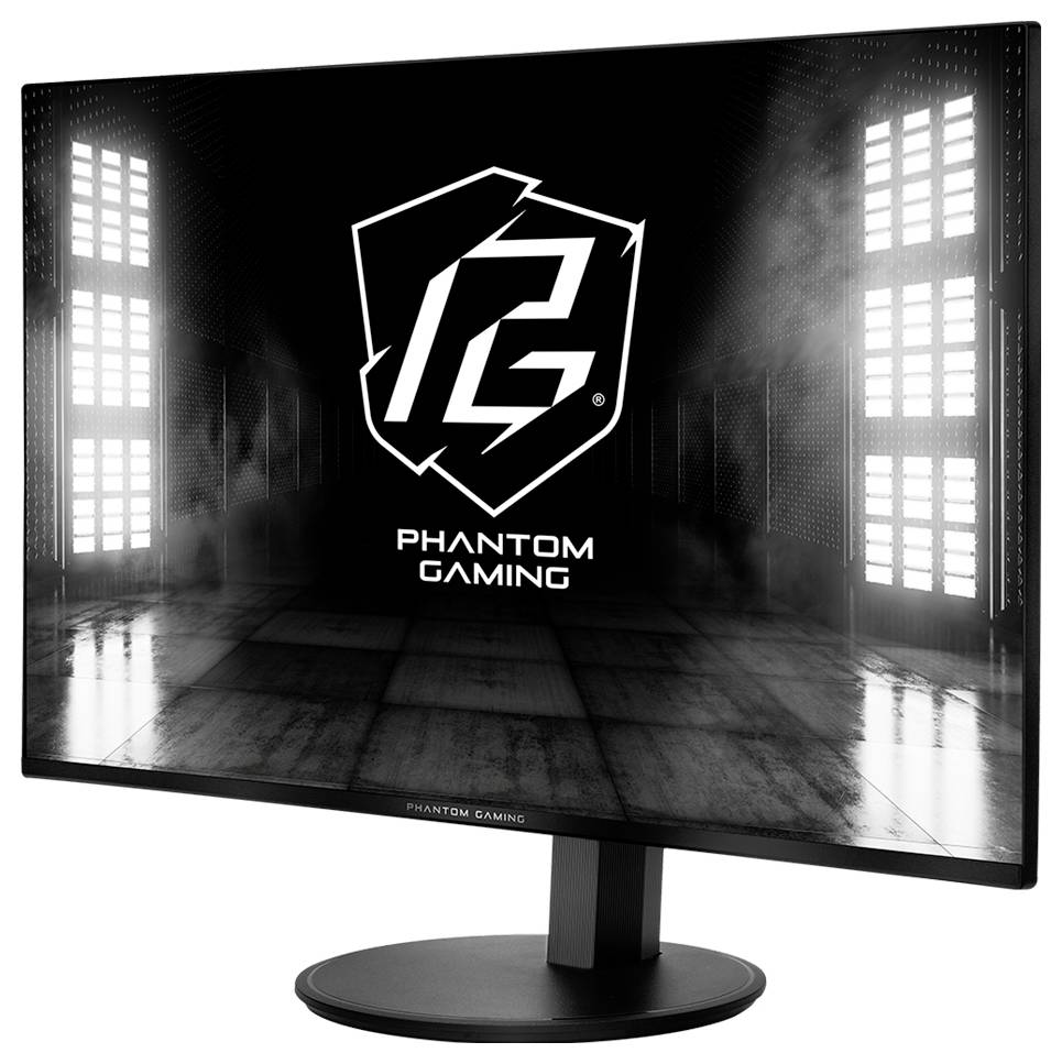Herní monitor Phantom Gaming zobrazující logo Phantom Gaming na tmavě sci-fi tematické obrazovce, umístěný na stojanu na bílém pozadí.