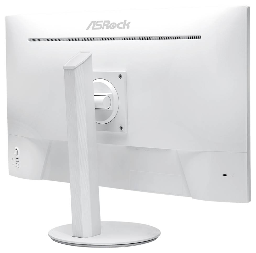 Zadní pohled na bílý stolní monitor ASRock na kulatém stojanu s viditelným zadním větrací otvorem a centrálním držákem.