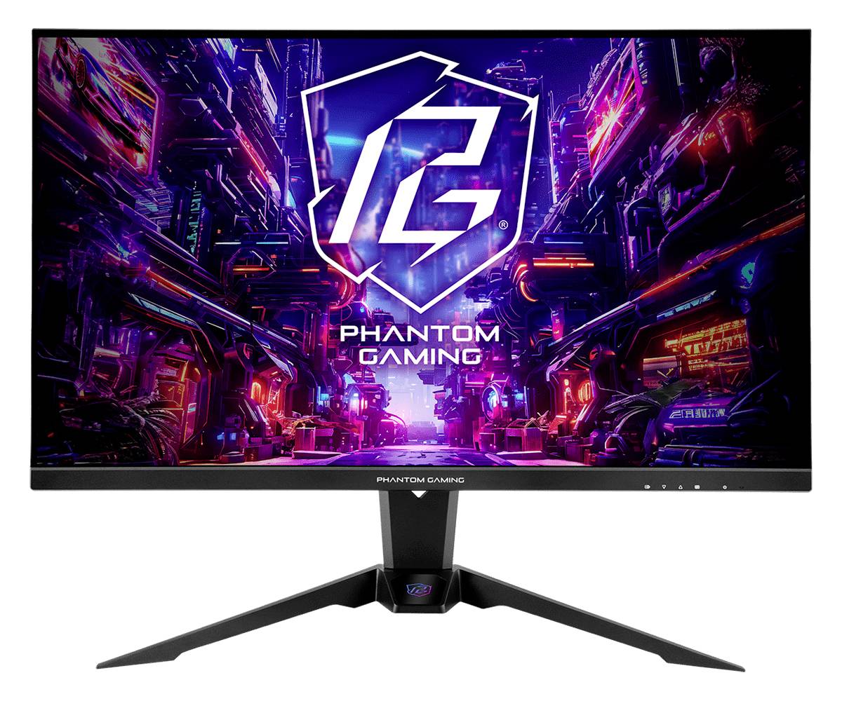 Monitor Phantom Gaming zobrazený na bílém pozadí, na kterém je vidět neonová sci-fi městská scéna s logem "PG" a textem "PHANTOM GAMING".