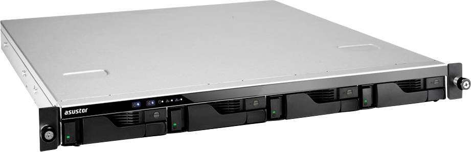 Přední pohled na stříbrný síťový úložný server ASUSTOR v rack formátu s více vyměnitelnými jednotkami pro pevné disky a stavovými indikátory.