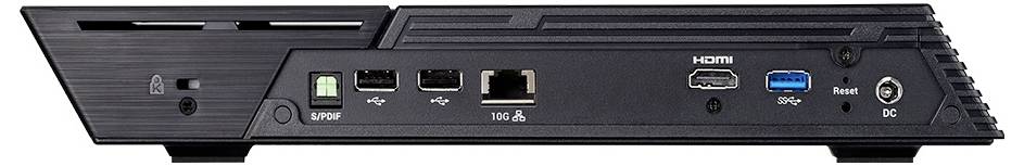 Zadní panel černého zařízení zobrazující porty a ovládací prvky: S/PDIF, dva porty USB, 10G Ethernet, HDMI, USB 3.0, Reset a vstup stejnosměrného napájení.