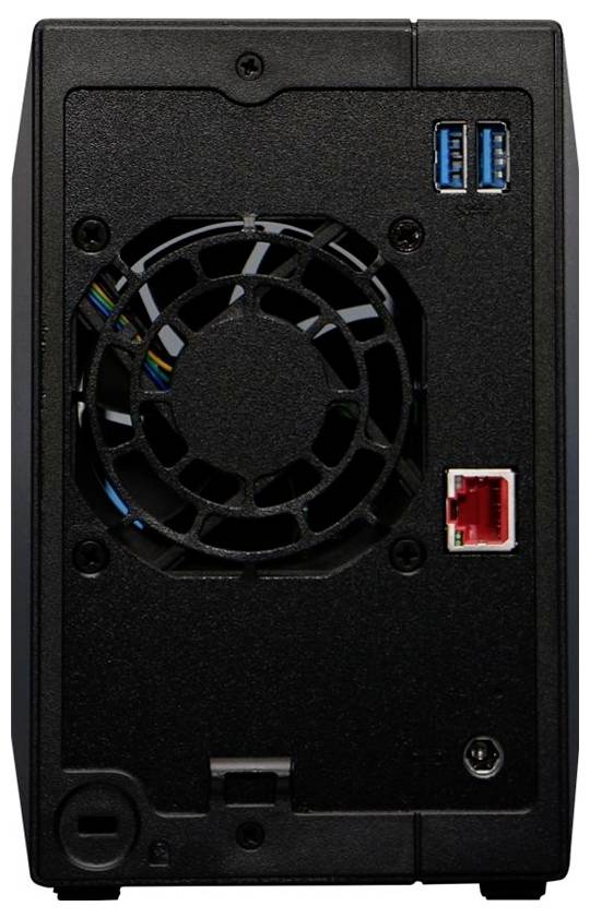 Zadní panel černého zařízení zobrazující chladicí ventilátor, dva modré porty USB a jeden červený port Ethernet.