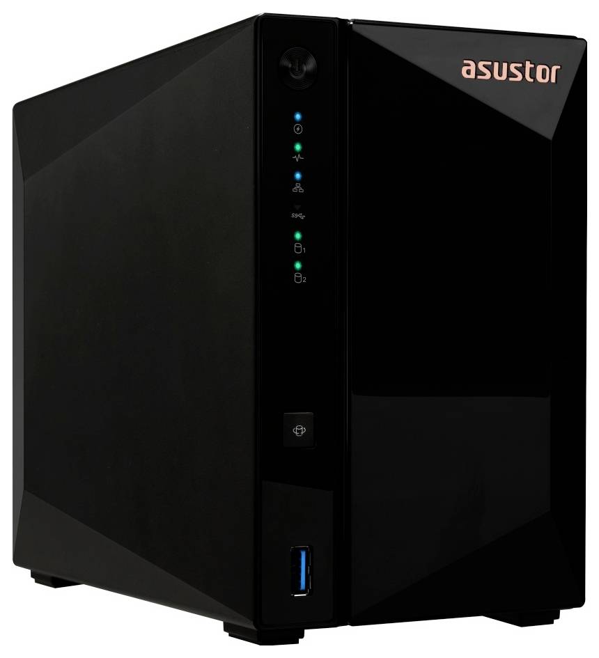 Černé pouzdro NAS Asustor s LED stavovými indikátory na přední straně, tlačítkem napájení a portem USB 3.0.