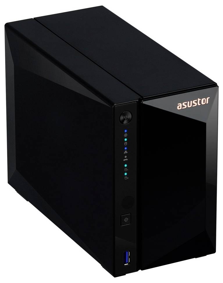 Černé síťové úložiště Asustor s indikačními světly na přední straně, tlačítkem napájení a portem USB.
