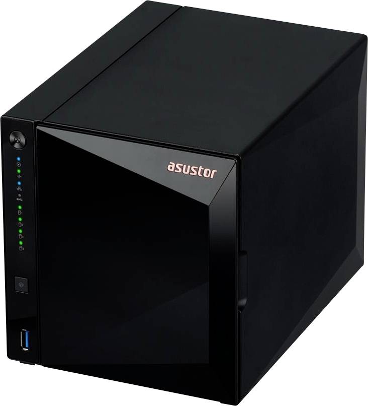 Černé zařízení ASUSTOR NAS pro ukládání dat s příslušnými stavovými indikátory na předním panelu, tlačítkem napájení a USB portem na prostém bílém pozadí