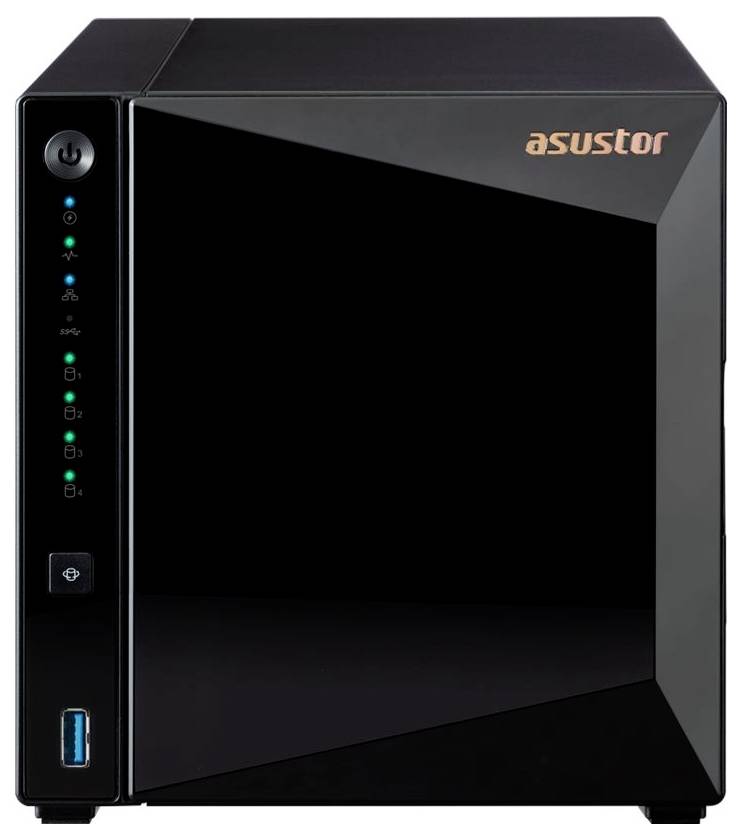 Černé skříň Asustor NAS s předním tlačítkem napájení, stavovými LED diodami a USB portem.