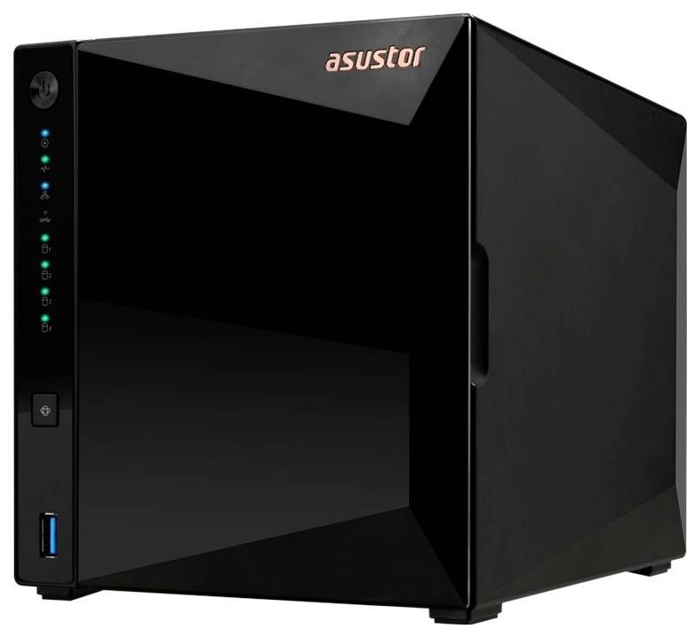 Černé zařízení úložiště ASUSTOR NAS zobrazené v pohledu stylu produktu s přední stav svítidly, tlačítkem napájení a portem USB.