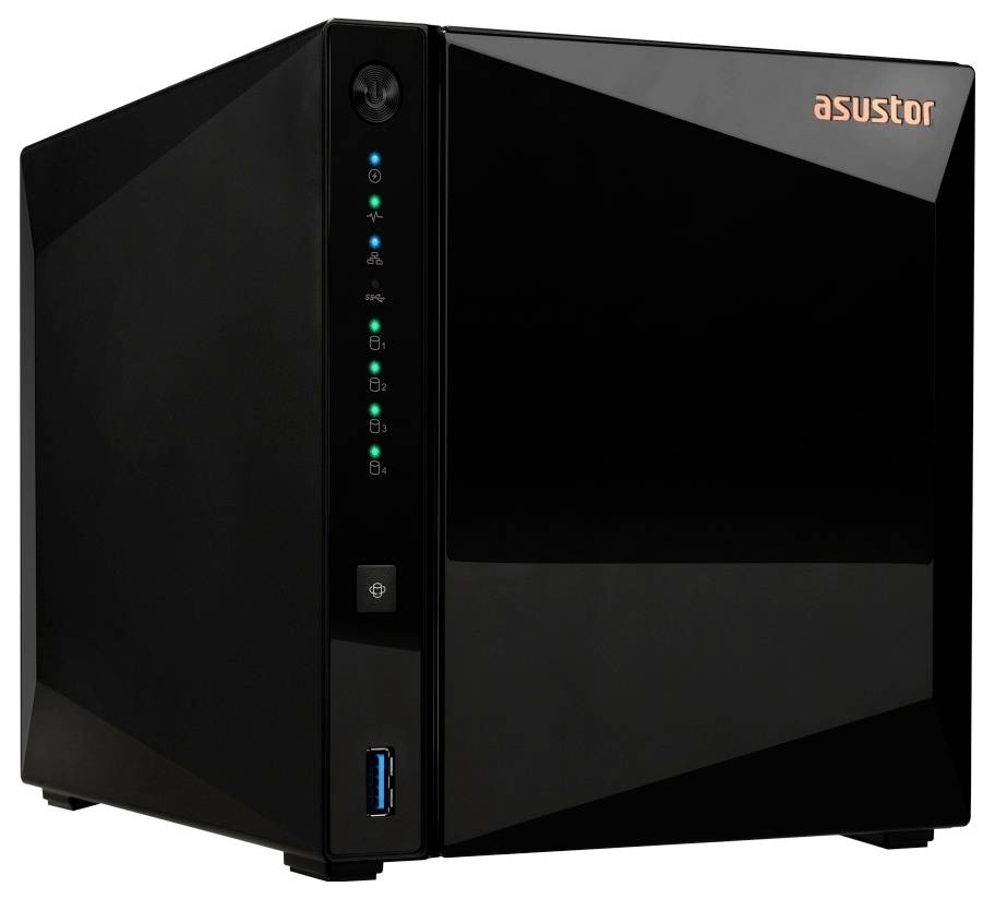 Černé zařízení síťového úložiště ASUSTOR s indikačními LED diodami na přední straně, tlačítkem napájení a portem USB.