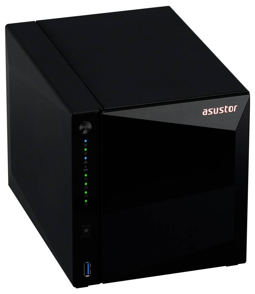 Černé úložné zařízení Asustor NAS se stavovými indikátory na přední straně, tlačítkem napájení a portem USB na dolním přední panelu.
