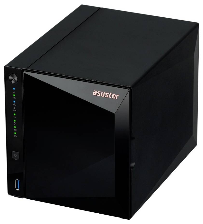 Černé úložné zařízení NAS Asustor s předními stavovými indikátory, tlačítkem napájení a portem USB.