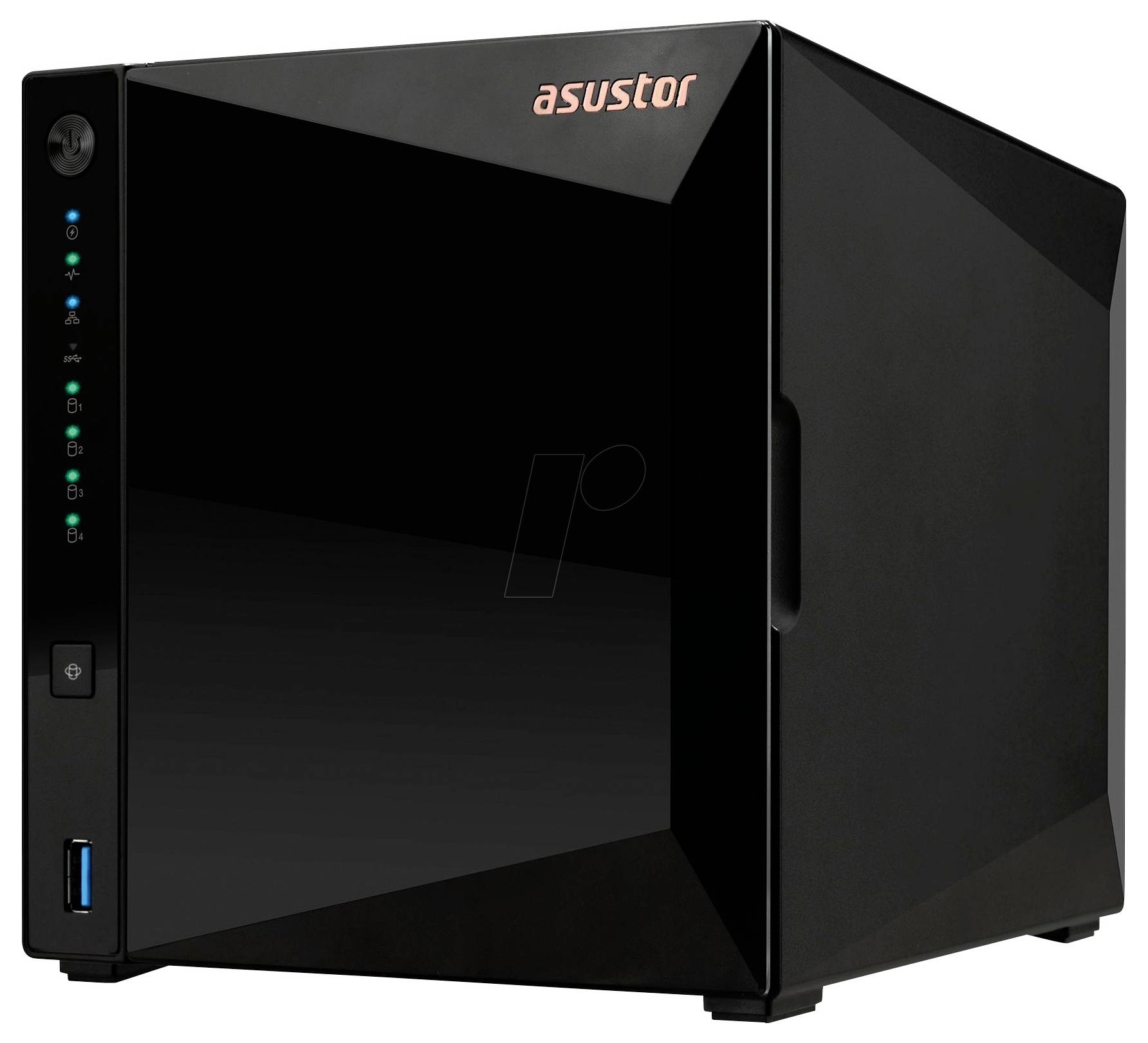 Černé úložné zařízení Asustor NAS s lesklým předním panelem, modrým USB portem a vertikálními stavovými indikátory.