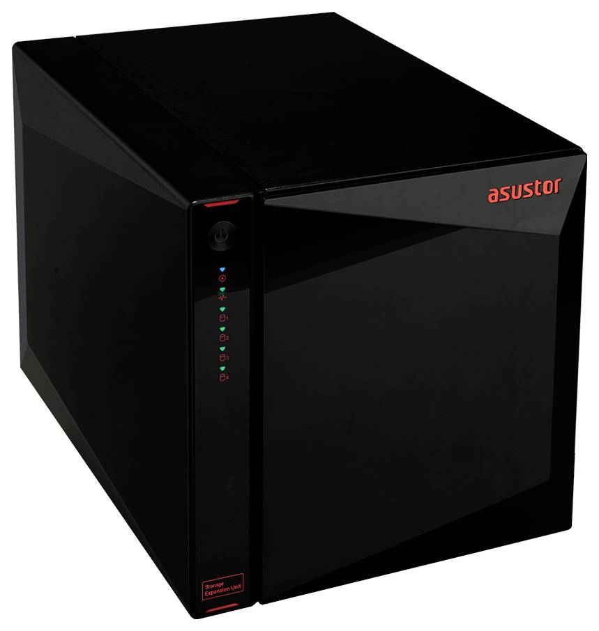 Černý síťový úložný server Asustor se stavovými LED diodami na přední straně a tlačítkem napájení na levém panelu.