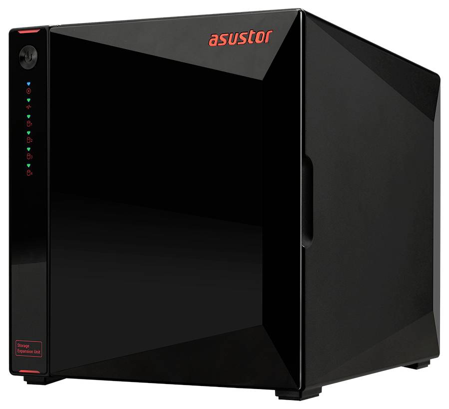 Černá skříň síťového úložného serveru ASUSTOR s přední stavovými indikátory a logem značky.