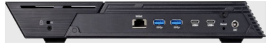 Přední pohled na černou stolní dokovací stanici s portem Ethernet, dvěma porty USB, HDMI, audio, tlačítkem napájení a vstupem stejnosměrného napájení.