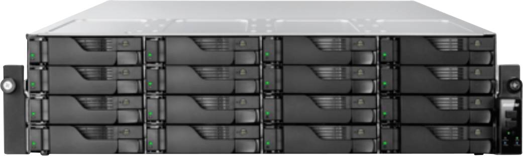 Přední pohled na serverový rack úložný server s více vyměnitelnými přední jednotkami a stavovými indikátory, zobrazený v šedém kovovém rámu.