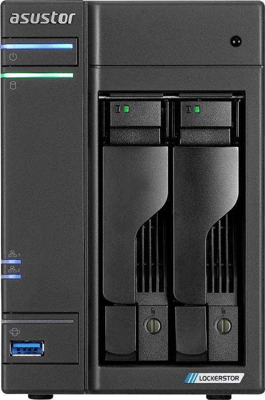 Přední pohled na Asustor Lockerstor NAS se dvěma sloty na jednotky, stavovými indikátory a portem USB.