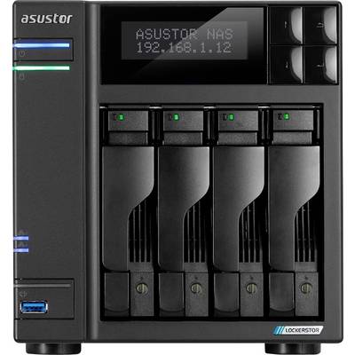 Přední pohled na čtyřslotový NAS server ASUSTOR s přihrádkami na disky, stavovými indikátory, portem USB a obrazovkou zobrazující „ASUSTOR NAS 192.168.1.12".