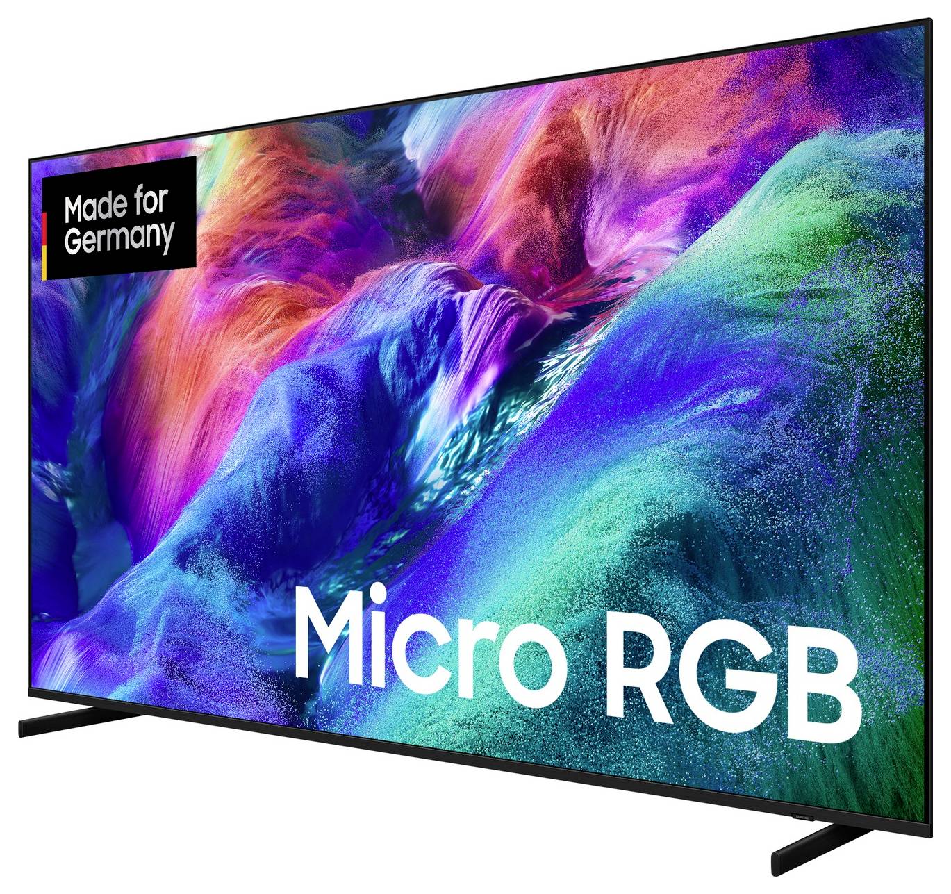 Televizor s plochým displejem zobrazující barevný abstraktní obrázek s textem „Micro RGB" a štítkem „Made for Germany".