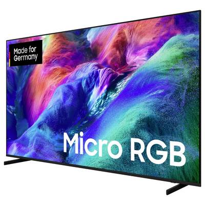 Televizor s plochým displejem zobrazující barevný abstraktní obrázek s textem „Micro RGB" a štítkem „Made for Germany".