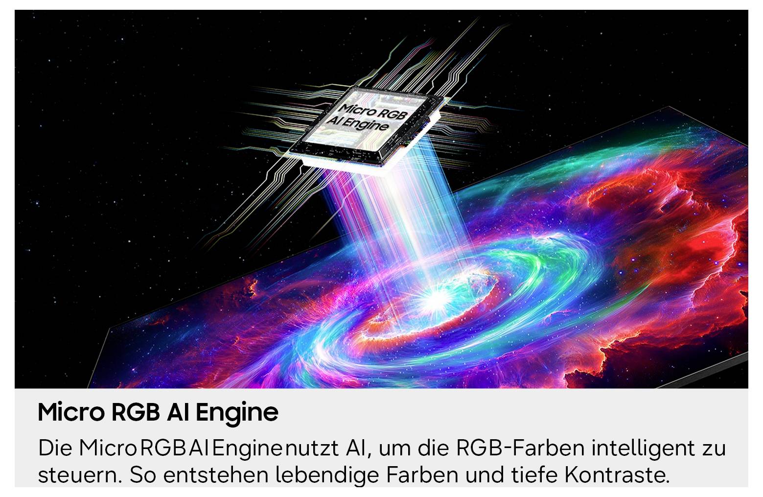 Mikro RGB AI Engine čip vyzařující světlo na živý barevný displej, ilustrující AI-řízené RGB barvy pro bohatší kontrast.