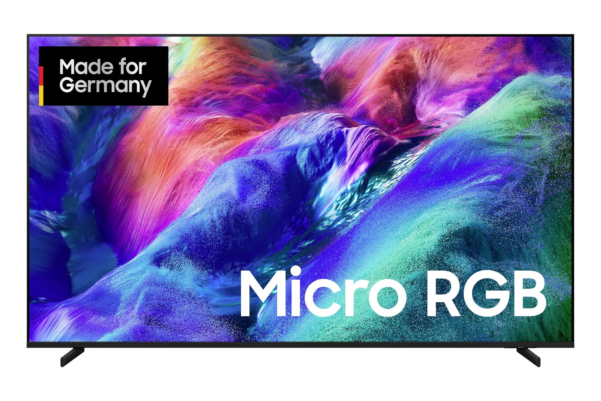 Televizor zobrazující živé abstraktní barvy s textem "Micro RGB" a štítkem "Vyrobeno pro Německo" v levém horním rohu.