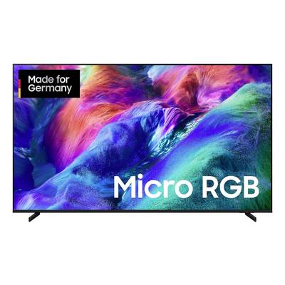 Televizor zobrazující živé abstraktní barvy s textem "Micro RGB" a štítkem "Vyrobeno pro Německo" v levém horním rohu.