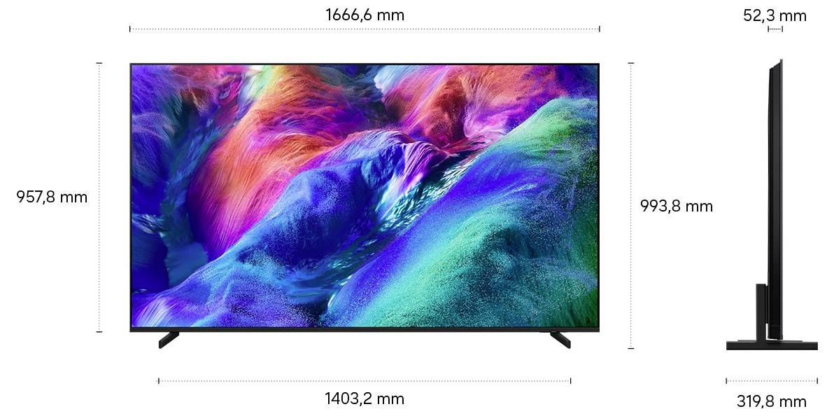 Televizor s plochou obrazovkou zobrazený v přední a boční pohledu s označenými rozměry: šířka 1666,6 mm, výška 957,8 mm, šířka podstavy 1403,2 mm, hloubka 52,3 mm a výška 993,8 mm se stojanem.