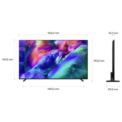 Televizor s plochou obrazovkou zobrazený v přední a boční pohledu s označenými rozměry: šířka 1666,6 mm, výška 957,8 mm, šířka podstavy 1403,2 mm, hloubka 52,3 mm a výška 993,8 mm se stojanem.