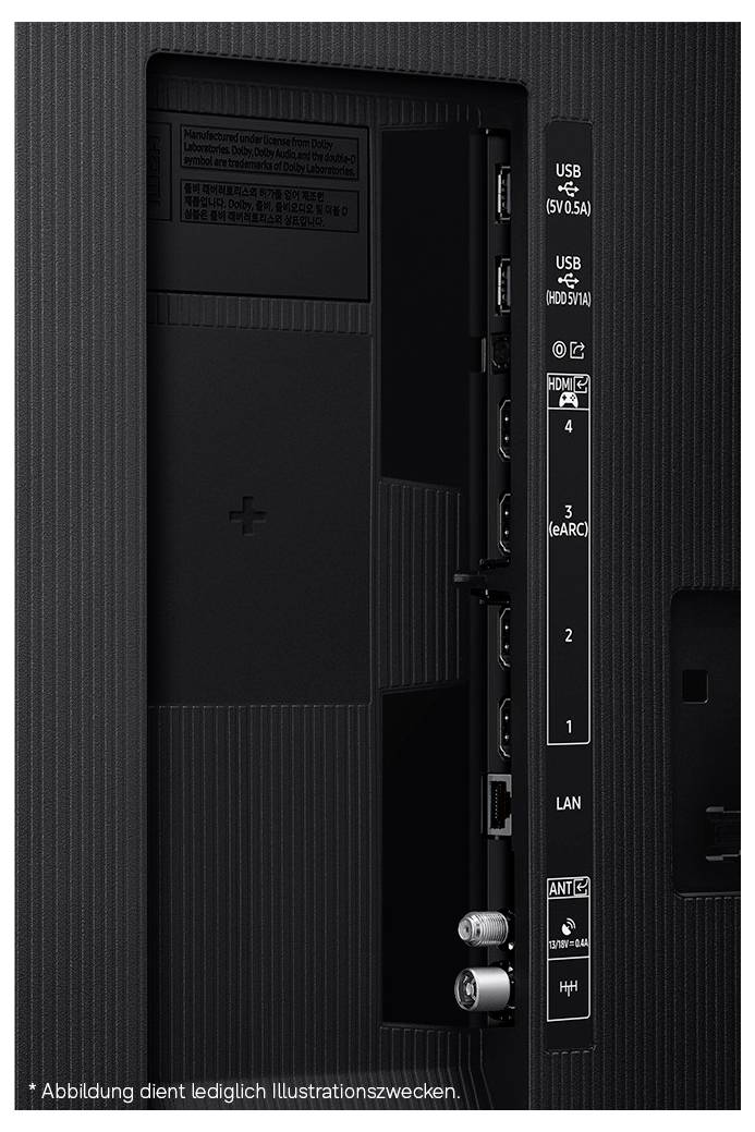 Detailní záběr na zadní panel televize ukazující označené porty a konektory, včetně USB, HDMI, LAN, anténní a sluchátková vstupů.