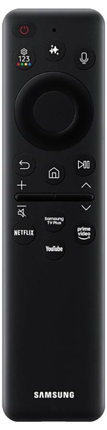 Černý dálkový ovladač Samsung TV s kruhovou navigační lištou, ovládáním napájení, hlasovým ovládáním, domovskou stránkou, tlačítky zpět, hlasitosti a kanálů, plus tlačítky Netflix, YouTube a Prime Video.