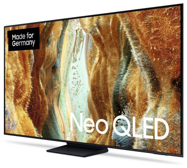 Televizor Samsung Neo QLED zobrazující abstraktní artwork v oranžové, zlaté a tealové barvě s štítkem "Made for Germany".