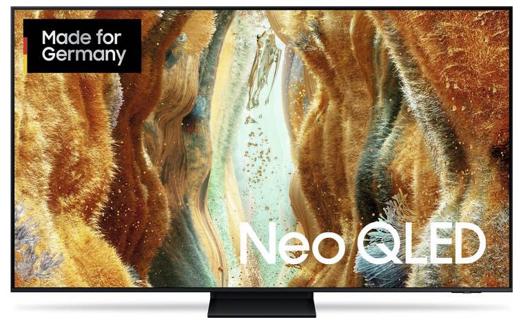 Televizor s plochým displejem zobrazující abstraktní oranžovo-tyrkysový obrázek podobný kaňonu, s nápisem "Made for Germany" vlevo nahoře a textem "Neo QLED" vpravo dole.