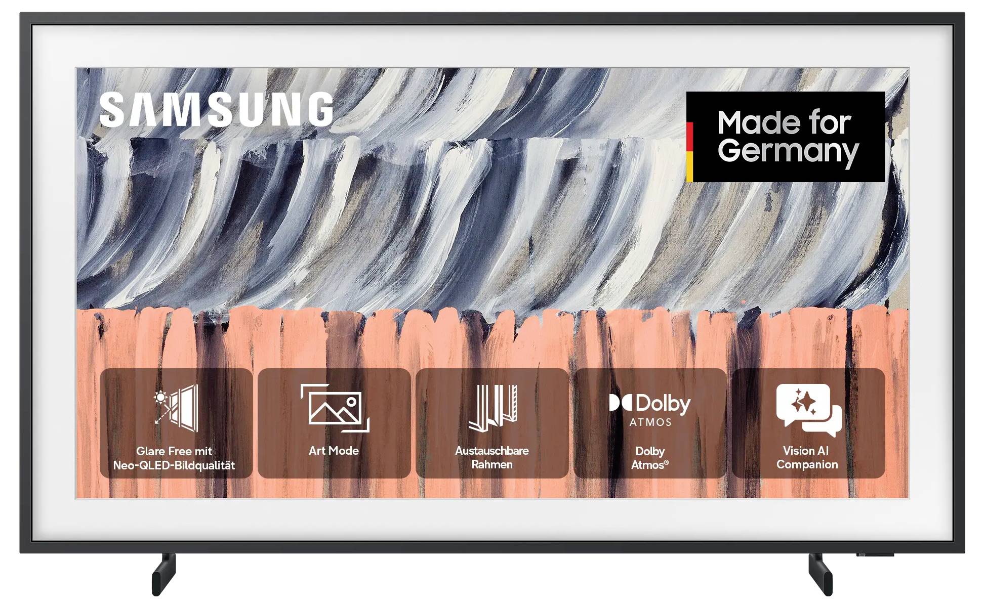 Samsung TV displej s odznákem "Made for Germany" a ikonami pro Glare Free, Art Mode, vyměnitelný rám, Dolby Atmos a Vision AI Companion.