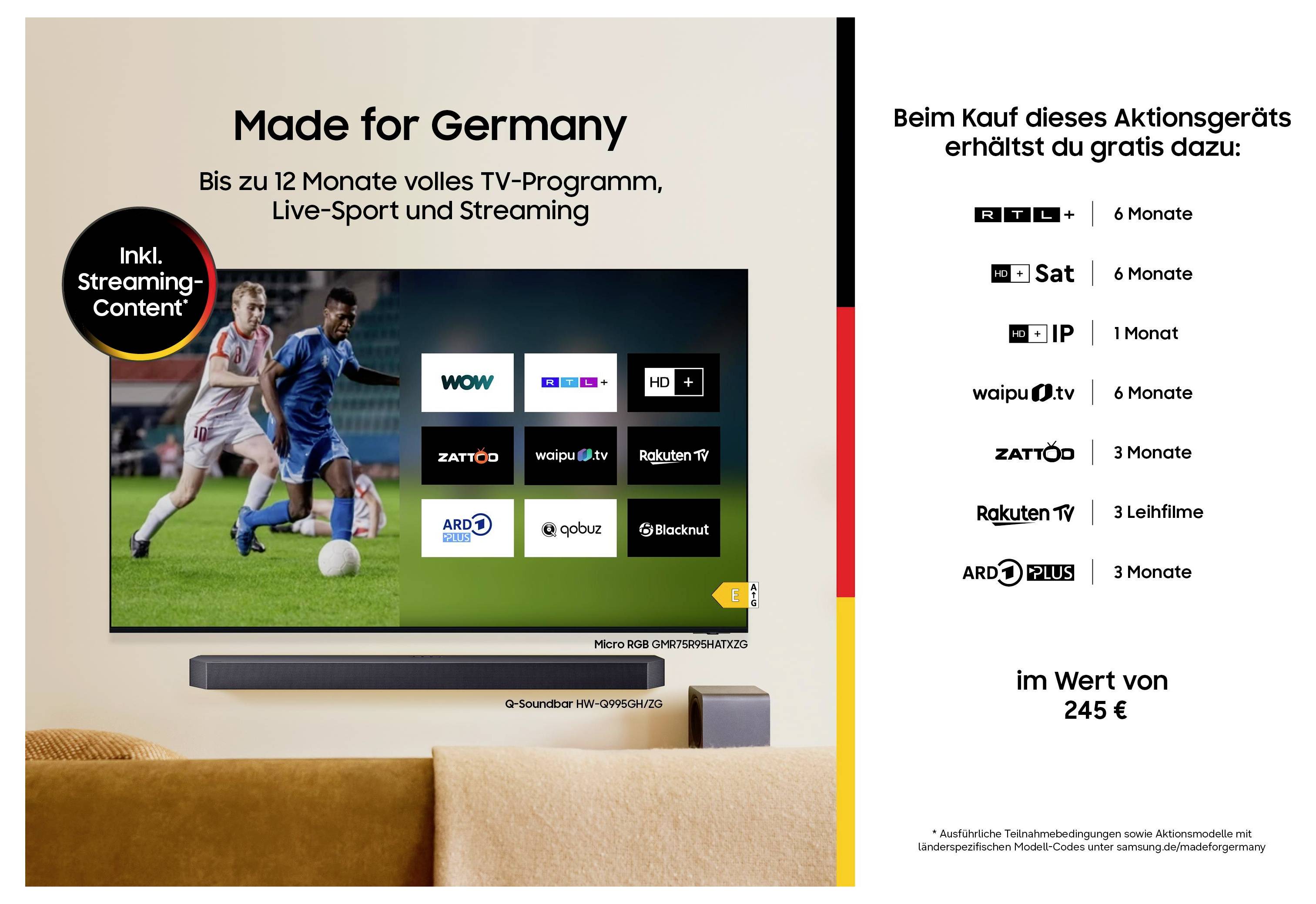 Reklamní grafika pro TV soundbar v Německu s fotbalovým zápasem a dlaždicemi aplikací; text zní "Vyrobeno pro Německo" s až 12 měsíci TV, živého sportu a streamování.