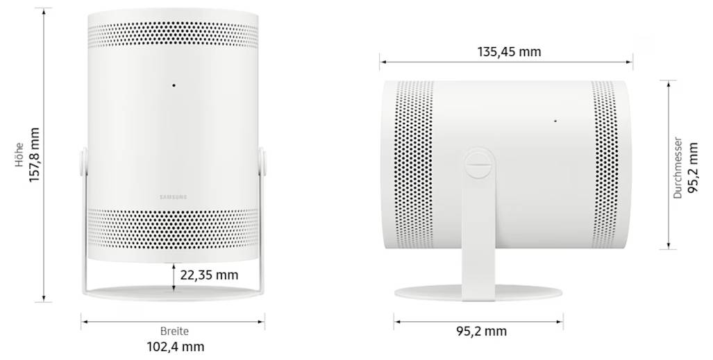 Schéma rozměrů produktu bílého válcového reproduktoru: výška 157,8 mm, šířka 102,4 mm, hloubka 95,2 mm a horní šířka 135,45 mm.