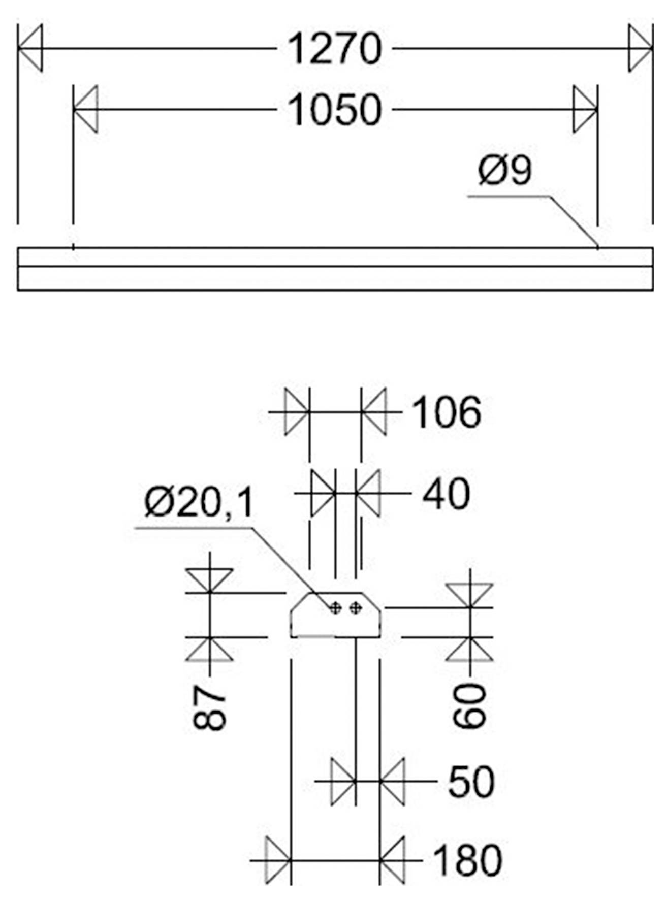 Technický výkres dlouhé obdélníkové součásti: celková délka 1270 mm, vnitřní délka 1050 mm, šířka 87 mm, průměr otvoru Ø9; centralizovaný spodní detail ukazuje otevření Ø20,1 a rozměry 106, 40, 50, 60, 180.