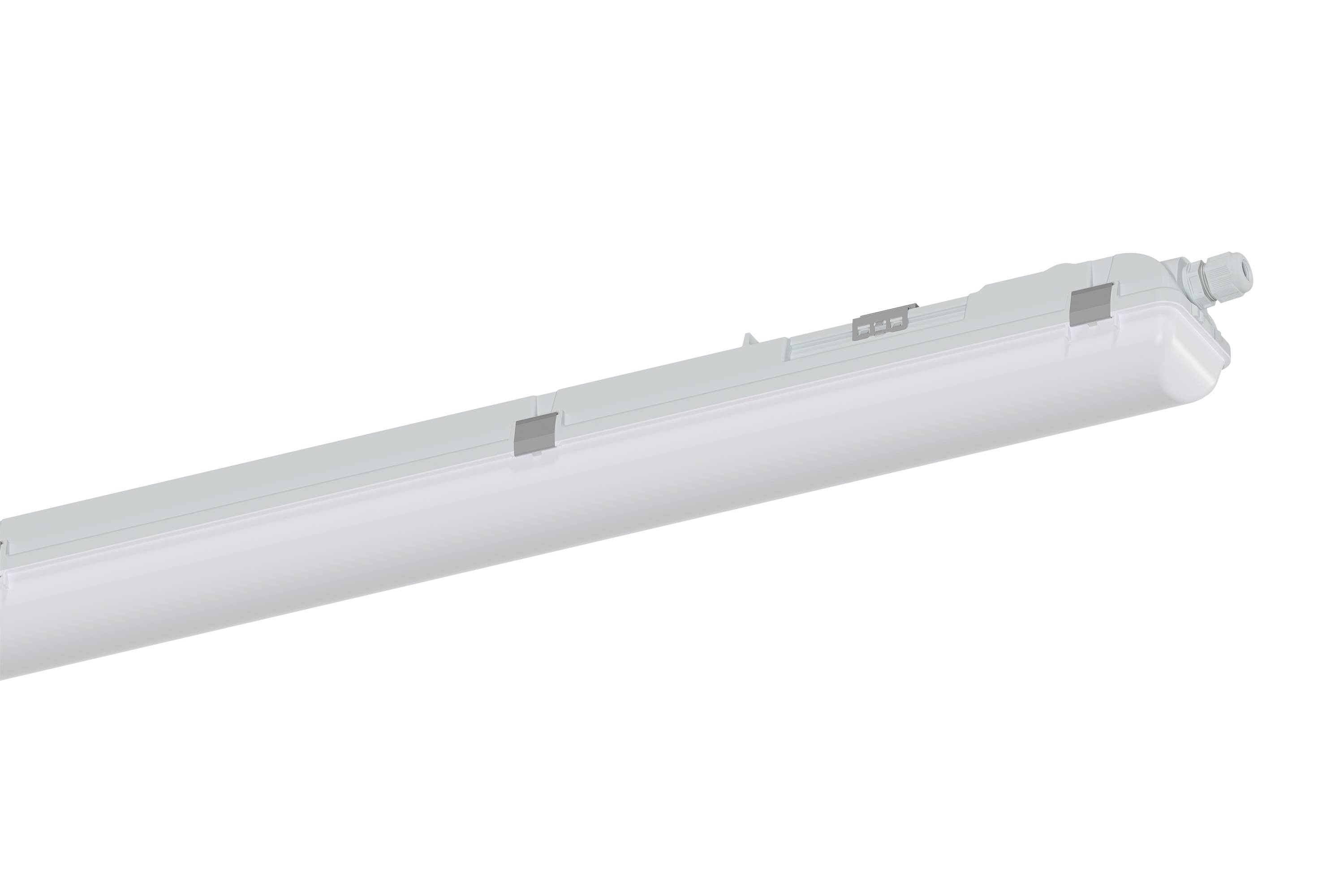 Štíhlá bílá LED lampa s průsvitným krytím, zobrazená diagonálně na čistém bílém pozadí.