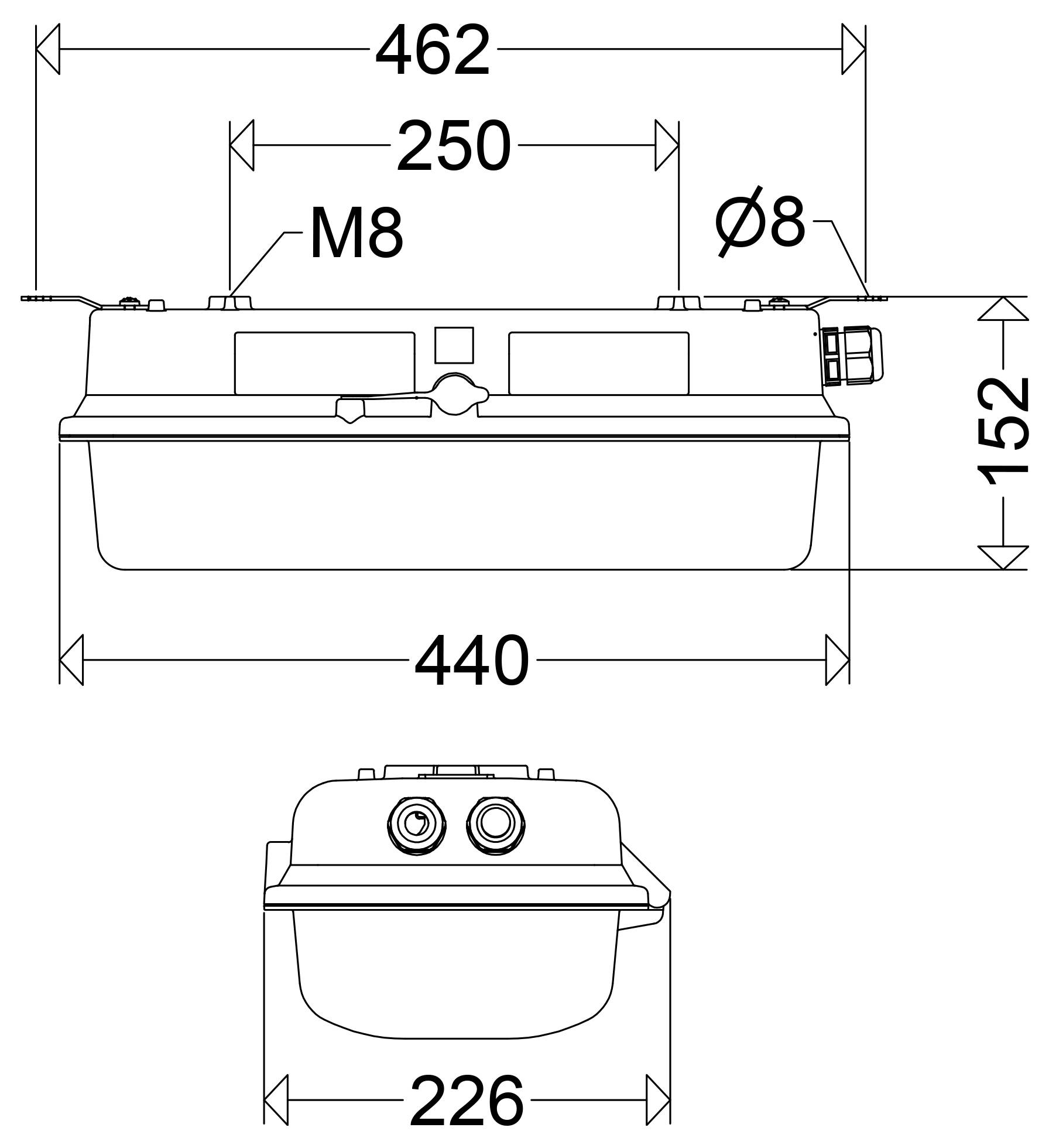 Technický výkres obdélníkového zařízení zobrazující celkové rozměry 462 mm na šířku, 152 mm na výšku, šířka základny 440 mm, montážní rozteč 250 mm, otvory M8 a Ø8, a přední šířka 226 mm.