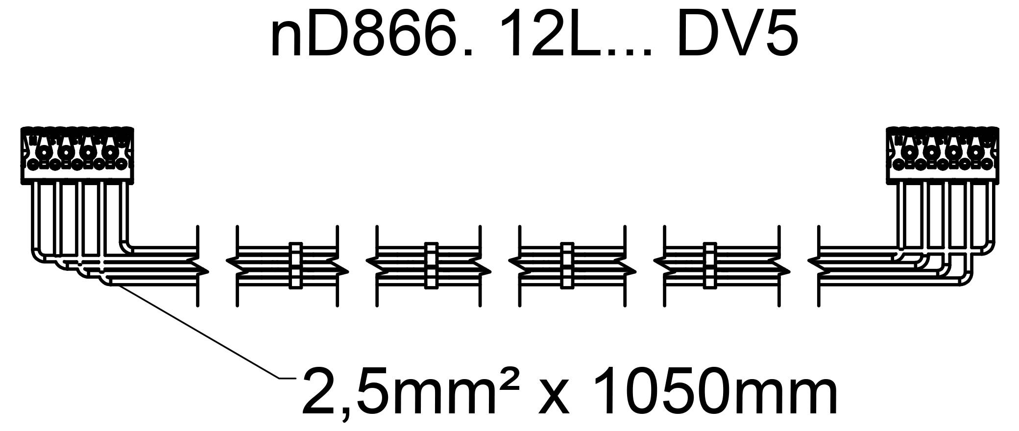 Schéma elektrického připojení znázorňující rozložení 12-polového konektoru označeného "nD866. 12L... DV5" s délkou kabelu "2,5mm² x 1050mm" a vedením drátů mezi dvěma svorkovnicemi.