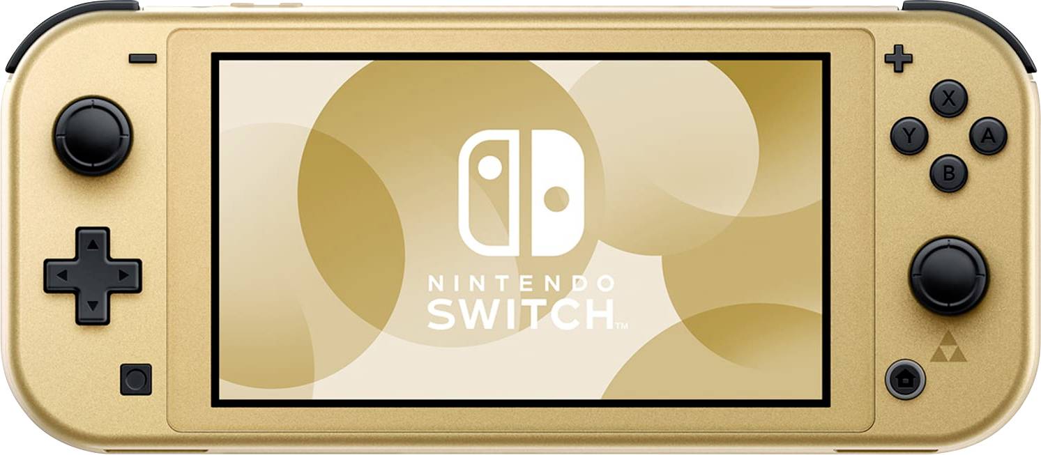 Zlatá přenosná konzole Nintendo Switch Lite zobrazená zepředu s logem „Nintendo Switch" na obrazovce.